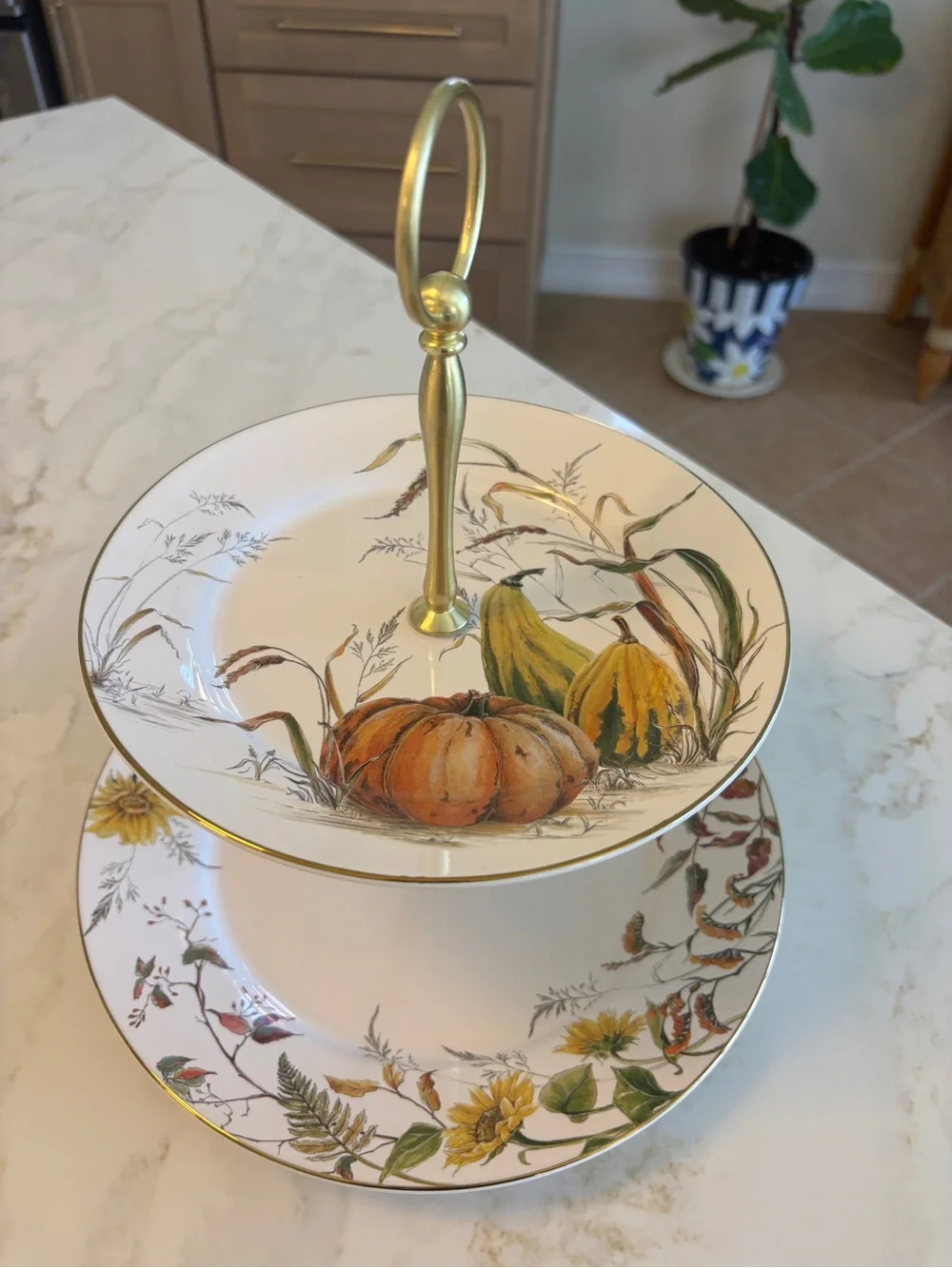 Pottery Barn - Bedford Two-Tier Porcelain Serving Stand in Gold and White NIB